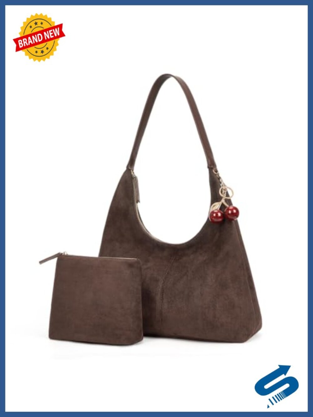Faux Suede Hobo Bag Large Shoulder Purse with Pouch & Cherry Charm